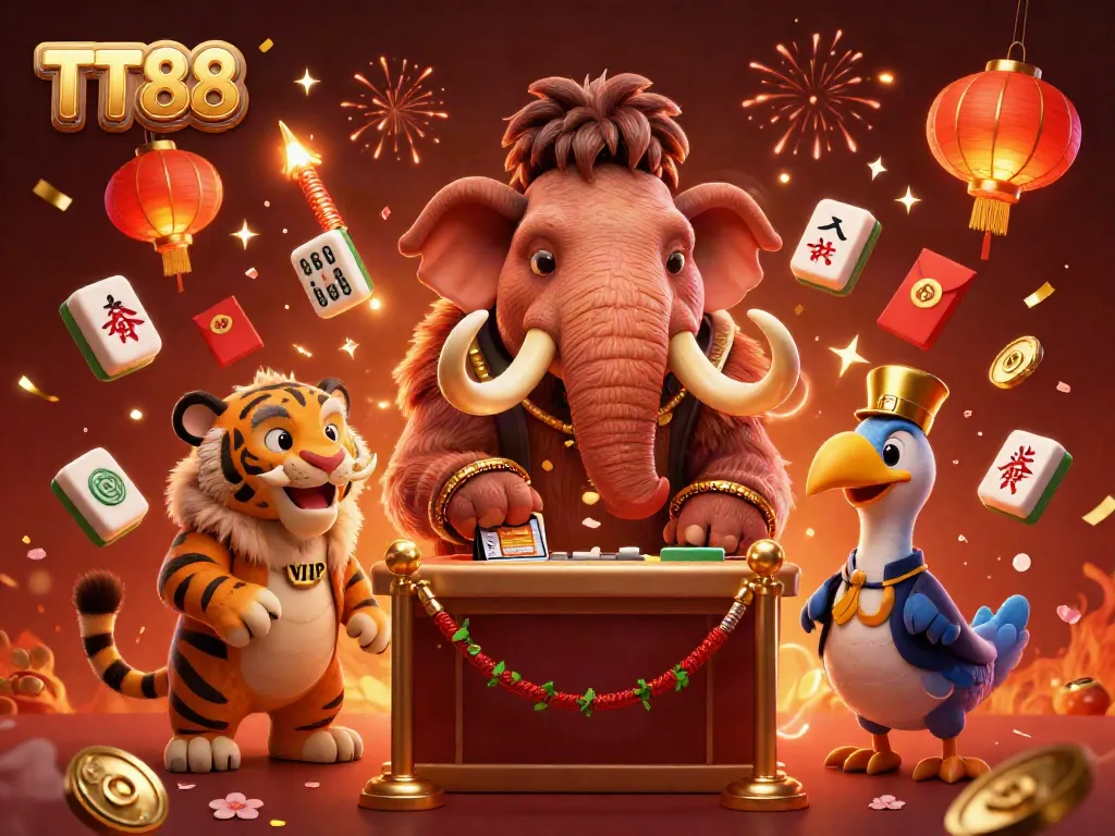 TT88 logo displays a vibrant 3D scene with unique characters and festive casino elements.