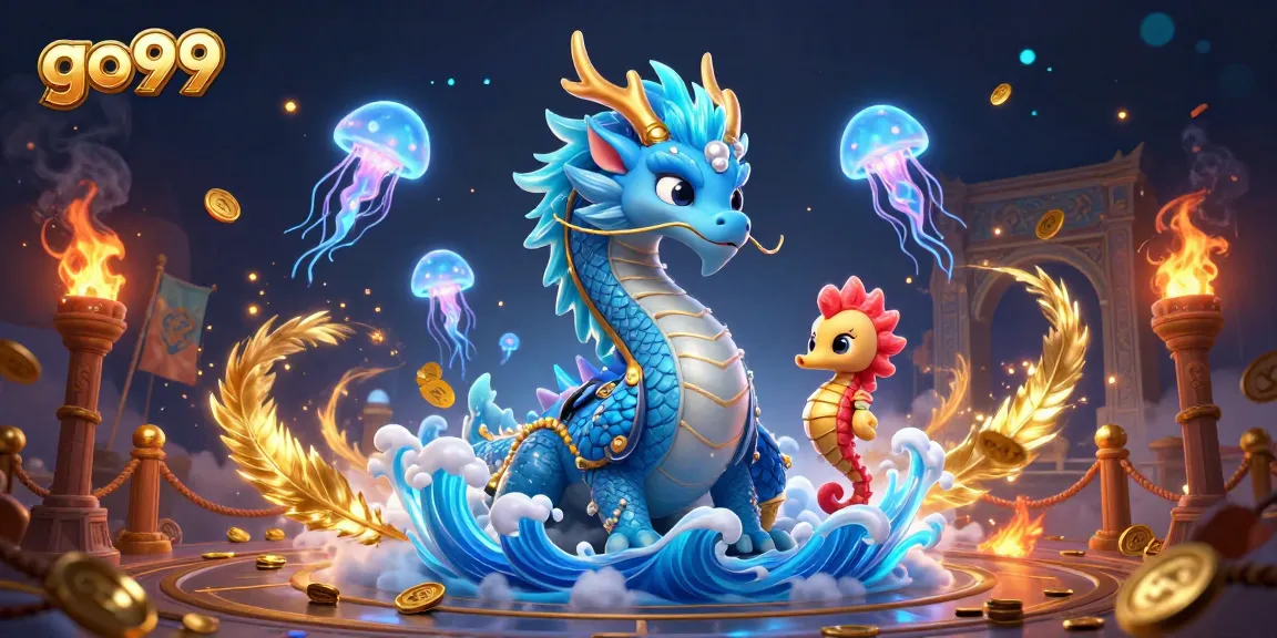 Experience go99's thrilling gaming adventure with a vibrant scene featuring a dragon and seahorse knight.
