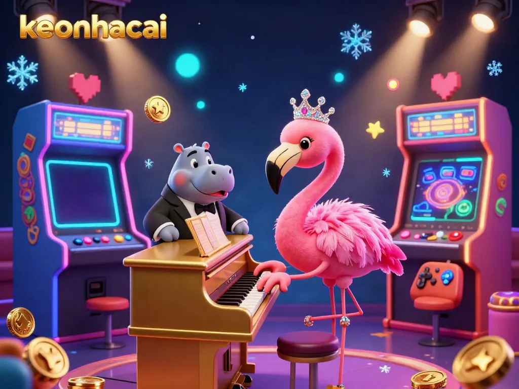 Experience excitement with keonhacai featuring a flamingo singer, hippo bassist, and arcade games in a vibrant casino.