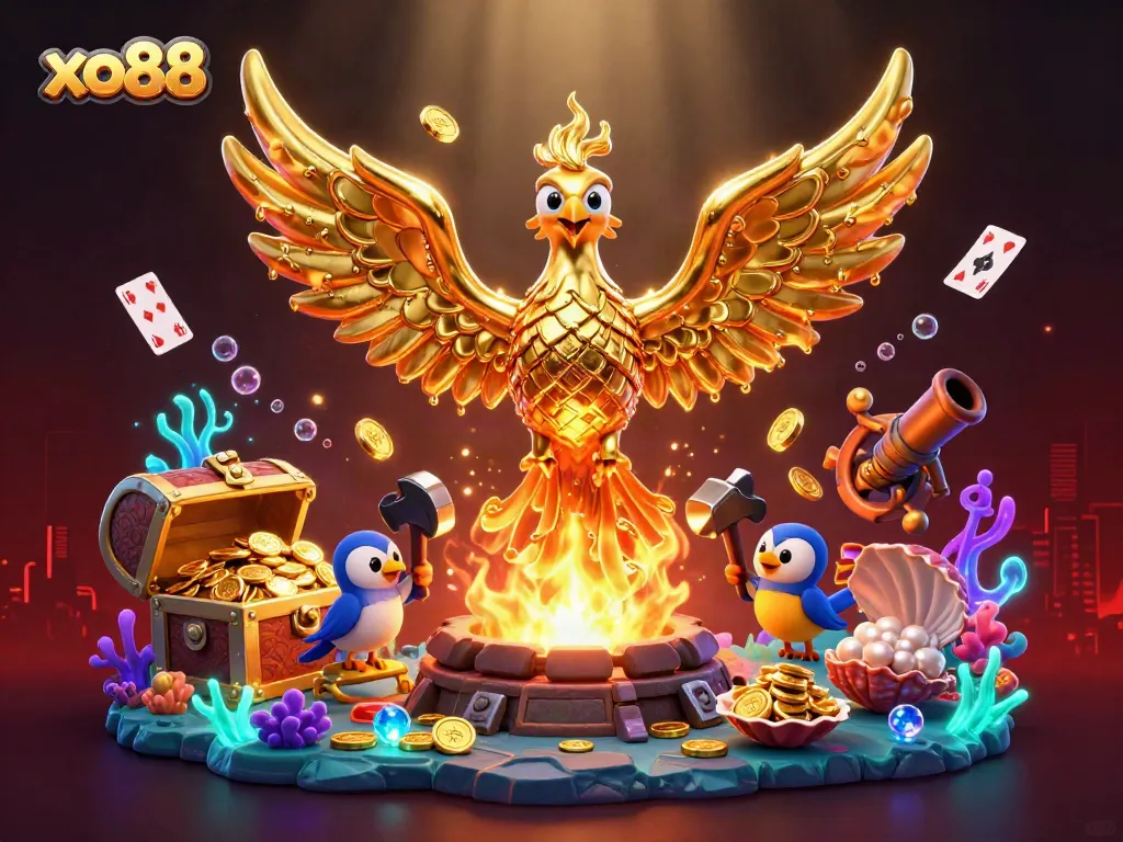 Experience thrilling games at xo88 with vibrant cartoon visuals of phoenix and treasures in motion.