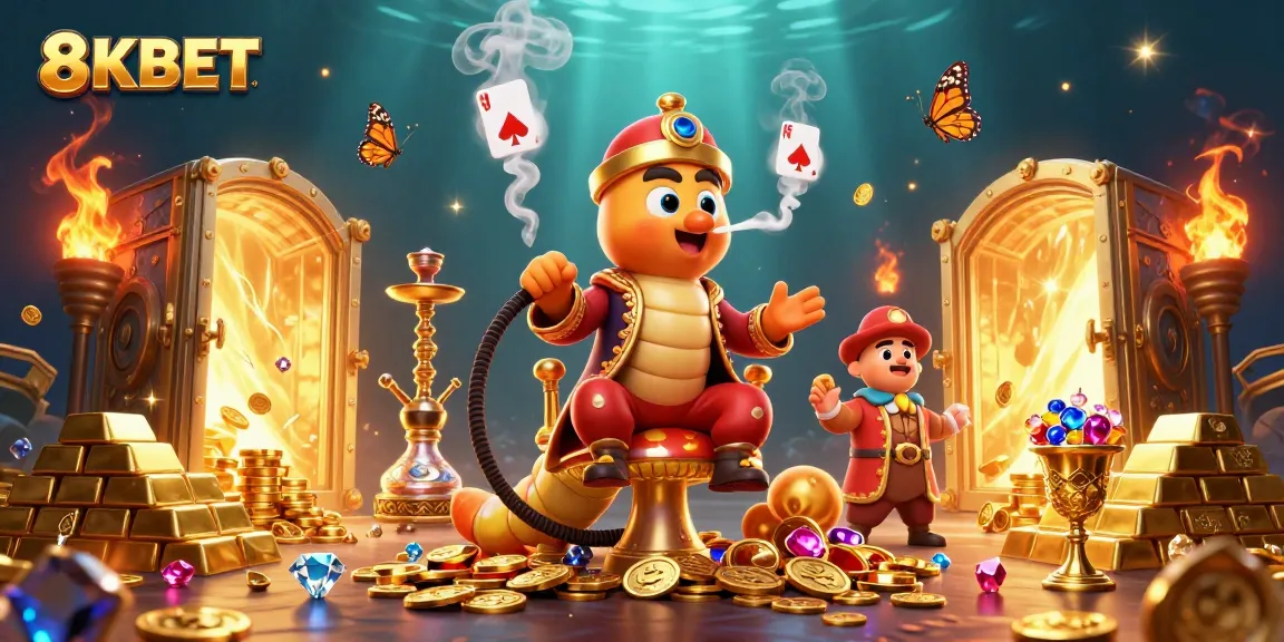 Experience thrilling gaming adventures at 8KBET's vibrant 3D casino illustration filled with treasures.