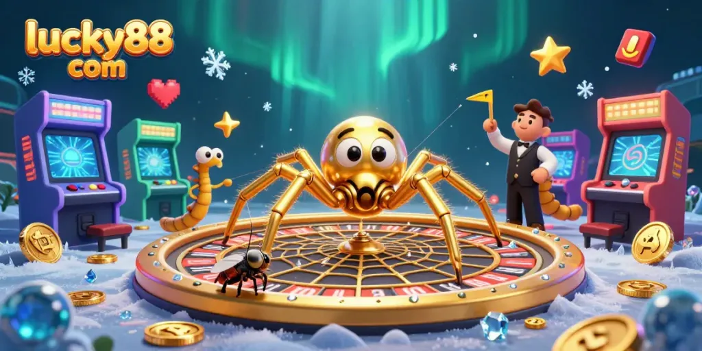 Experience exciting gameplay at lucky88 com with a dynamic 3D casino illustration featuring vibrant characters and game elements.