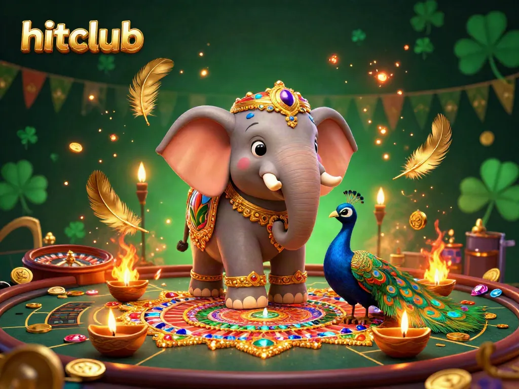 Experience thrilling gaming at hitclub with vibrant casino-themed illustration featuring an ornate elephant and peacock.
