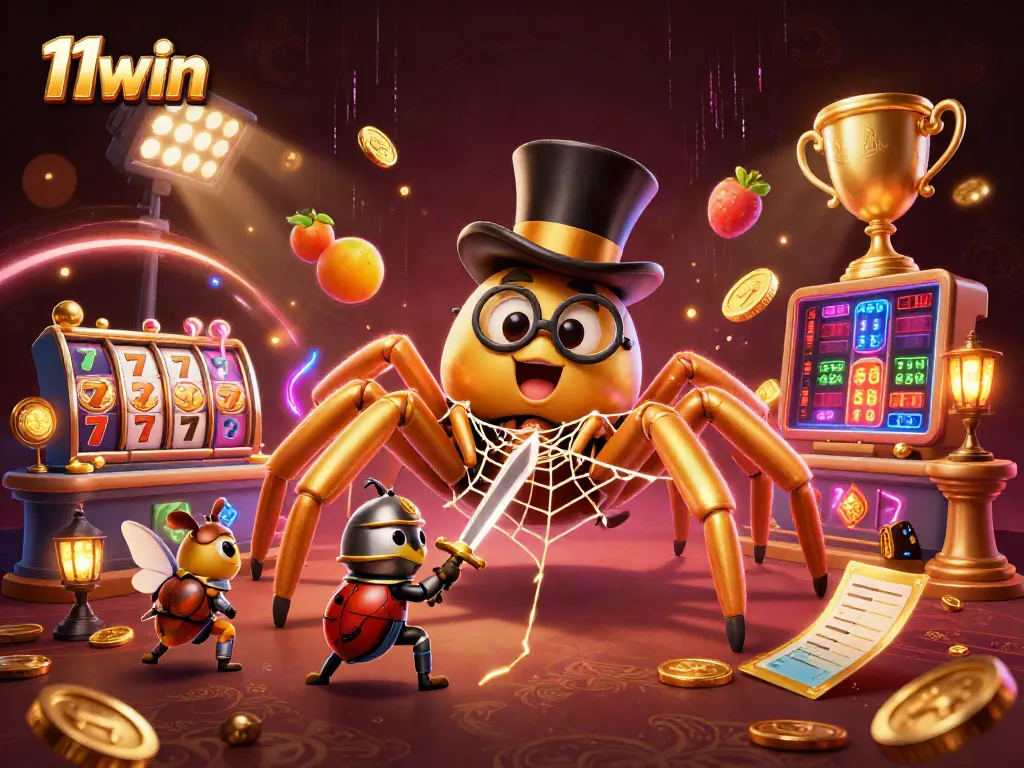 Experience thrilling gameplay at 11win, featuring a vivid golden tarantula and beetle knight in a lively casino scene.