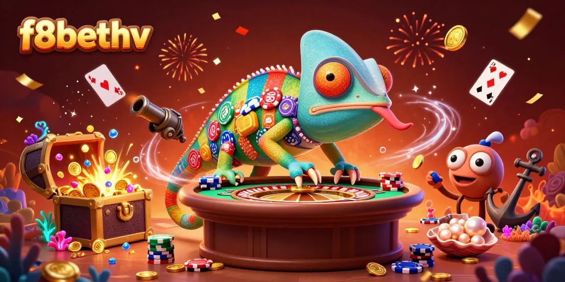 Spin the reels of fortune with f8bethv's vibrant casino scene, featuring chameleon charm and treasure chaos.