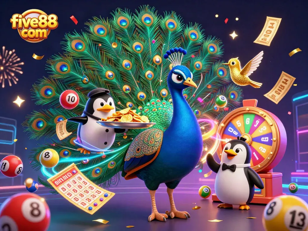 Experience excitement at five88 com with a vibrant 3D scene featuring a peacock, penguin, and hummingbird amidst lottery elements.