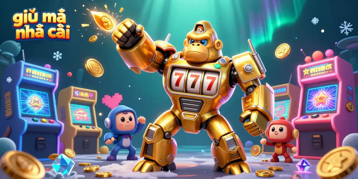 Experience giải mã nhà cái through a dynamic scene with a golden gorilla mech and exciting game elements.