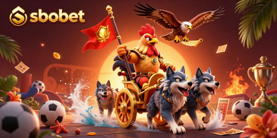 Engage in sbobet sports betting with vibrant graphics of a rooster warlord and casino elements.