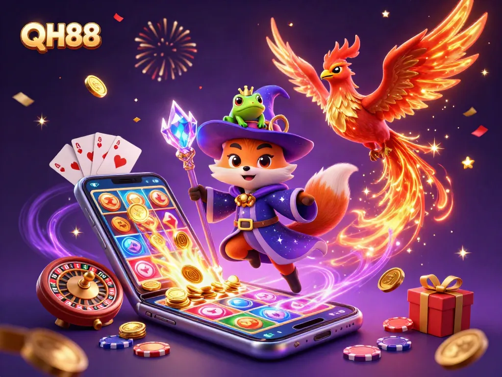 Experience the magic of QH88 with an enchanting illustration of a wizard fox and phoenix amidst casino games.