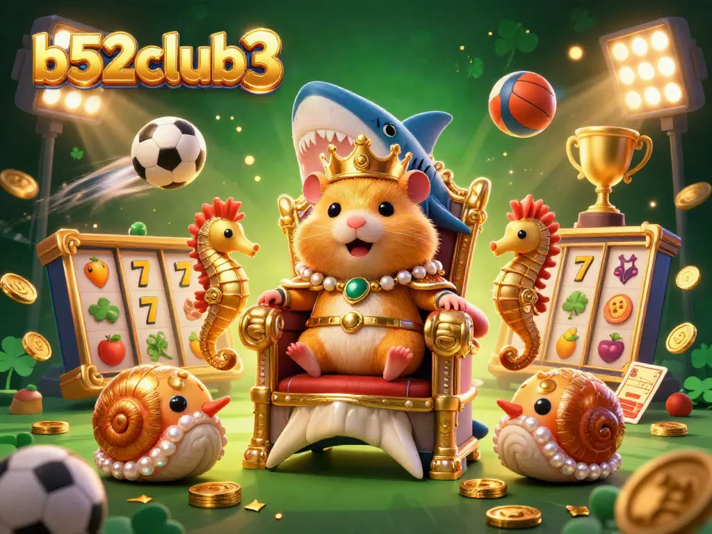 Experience the excitement of b52club3 with a vibrant illustration featuring a golden hamster king and dynamic casino elements.