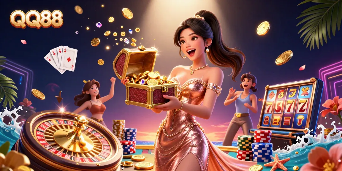 Experience thrill at QQ88 with a stunning treasure-filled scene showcasing casino excitement and vibrant gameplay.