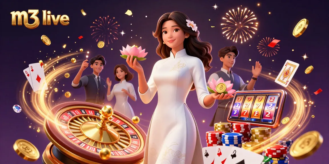 Engage with m3 live casino magic through an elegant Asian woman amidst radiant gaming elements.
