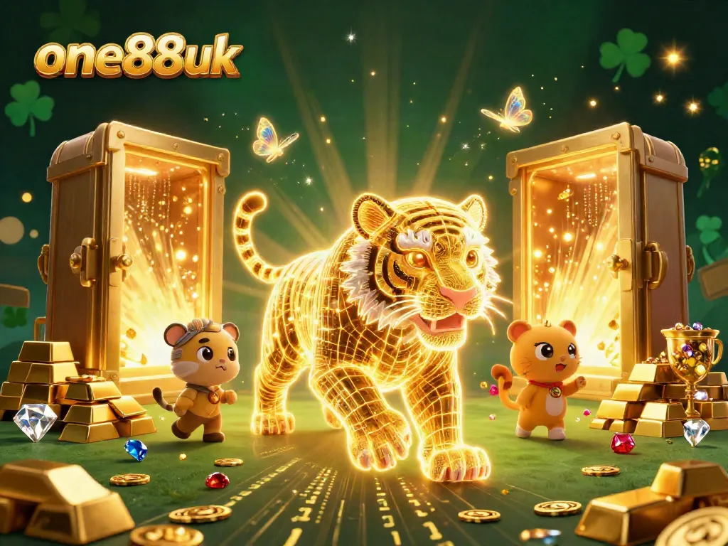 Experience thrilling wins at one88uk with a vibrant, dynamic casino landscape illustration featuring a golden tiger and jewels.