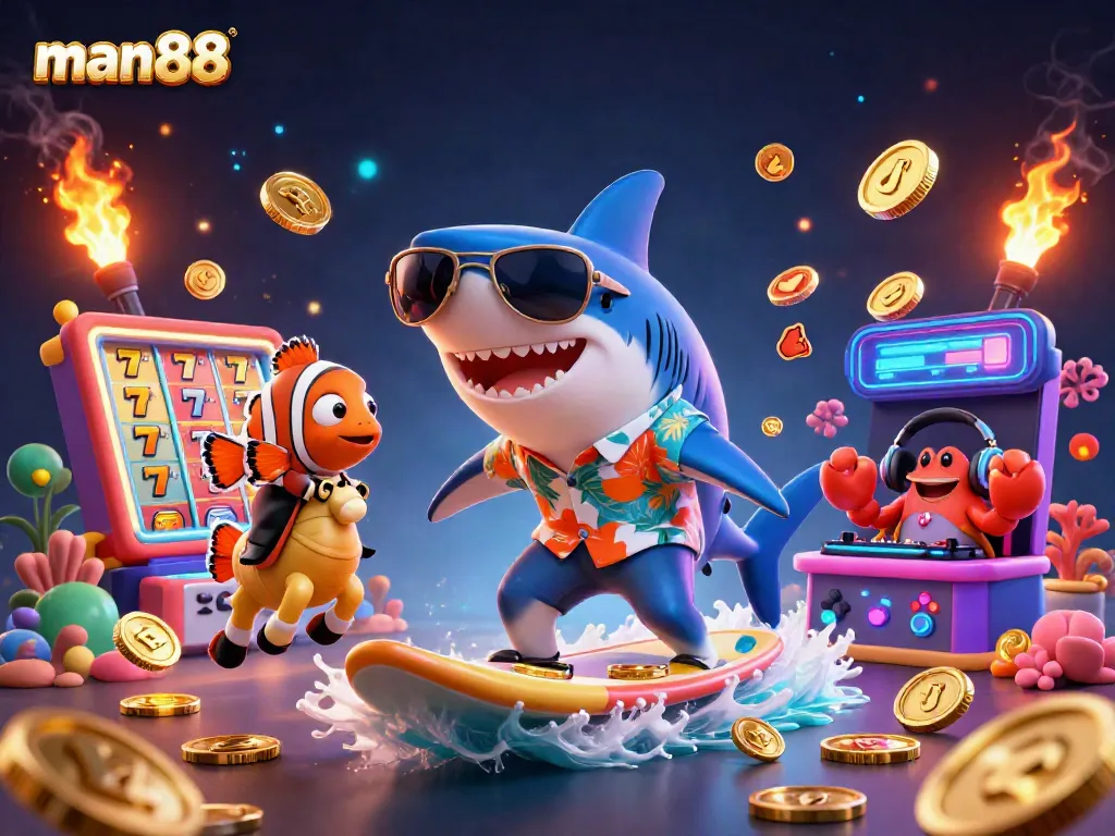 Experience the excitement of winning at man88 with a shark surfing on gold coins amidst vibrant slot reels and casino elements.