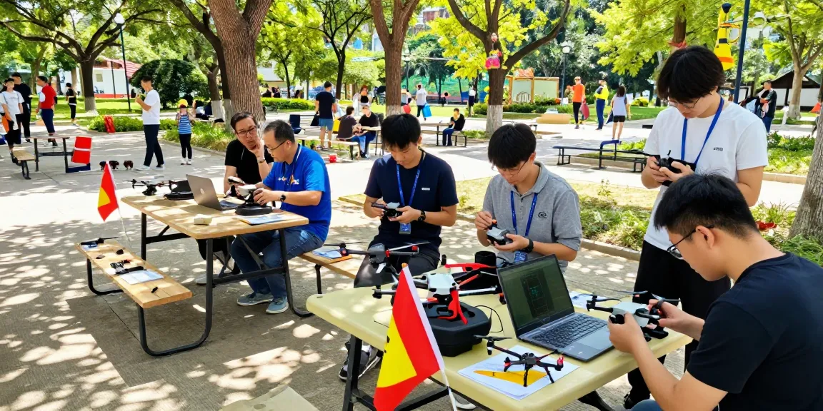 Group of enthusiasts flying the F168 drone at an outdoor workshop, enjoying tech innovations.