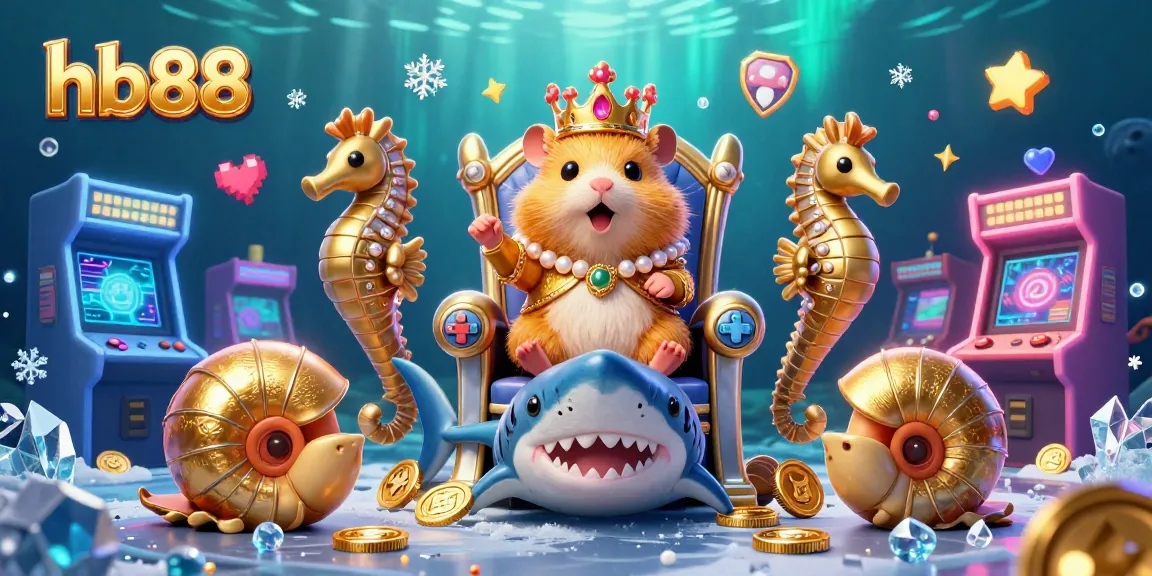 Play exciting games at hb88 with the fierce hamster king on his megalodon throne surrounded by colorful casino elements.