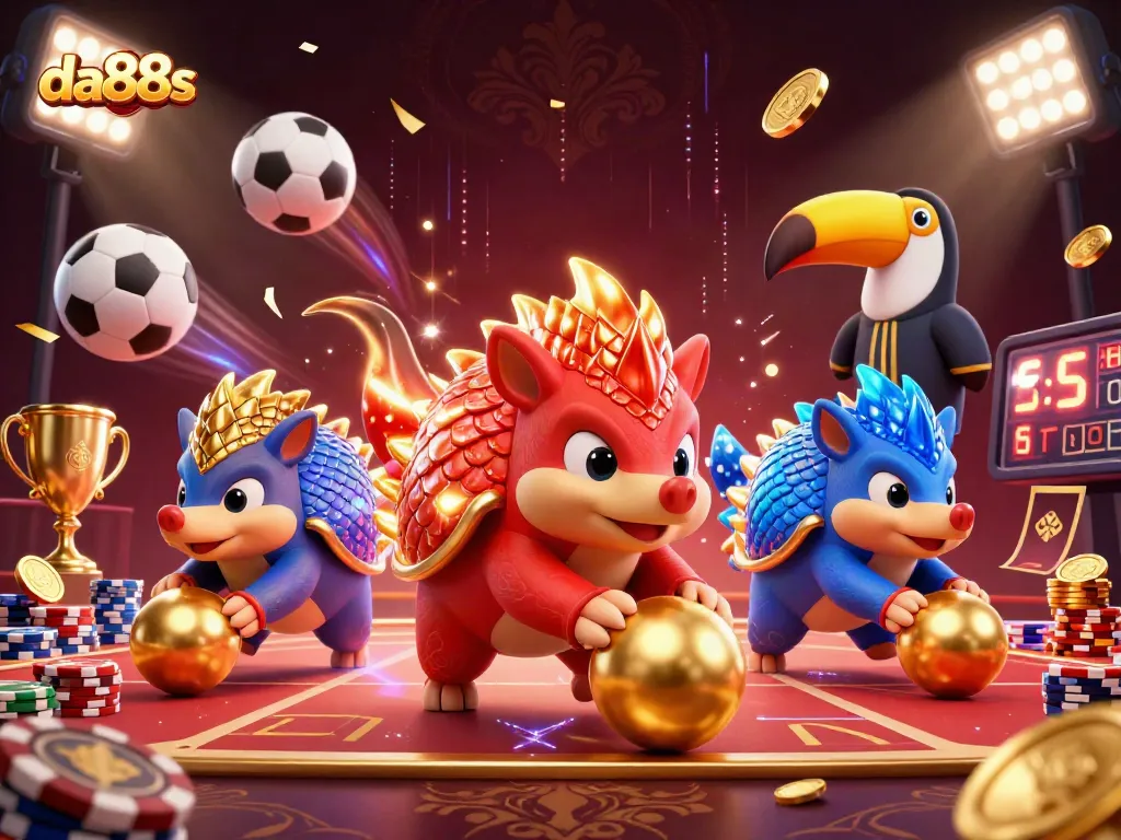 Play and win at da88s with dynamic pangolins bowling through poker chips and sports elements.