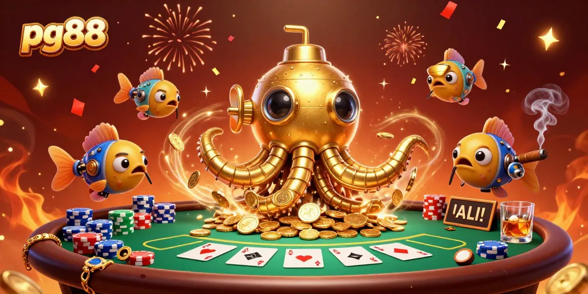 Play poker with style at pg88 featuring a golden kraken submarine and vibrant casino elements.