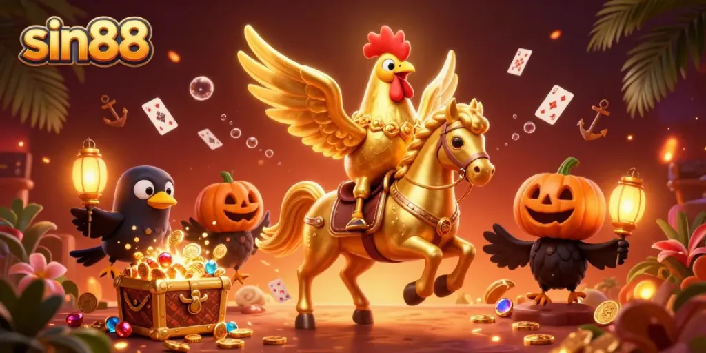Engage in fun gameplay at sin88 with visually stunning scenes of a golden rooster in a lively casino.
