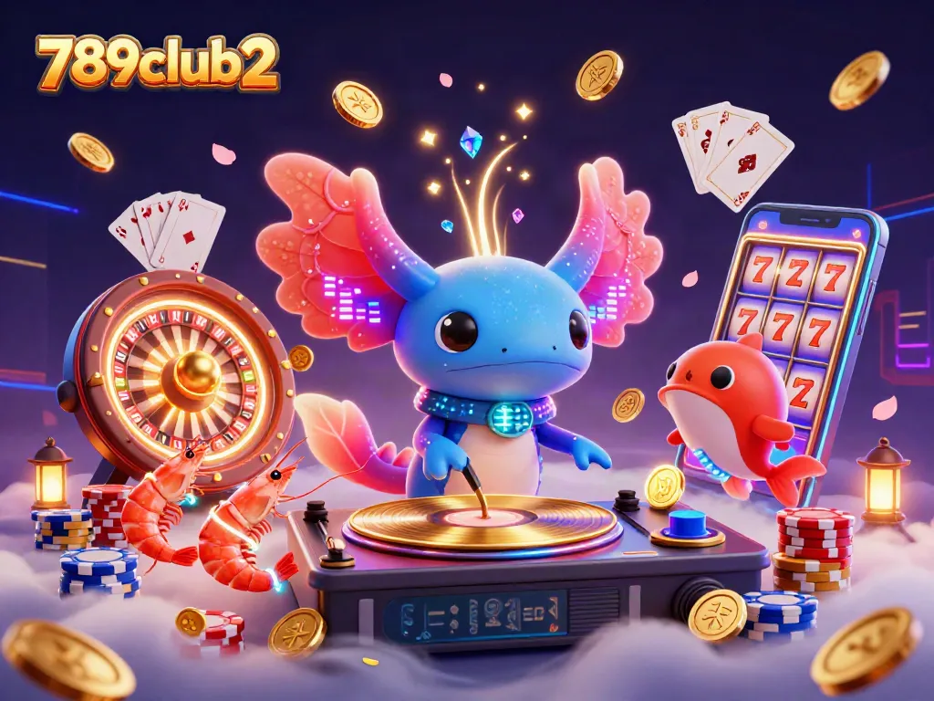 Engage with the vibrant 789club2 casino scene featuring a lively axolotl DJ and dynamic game elements.