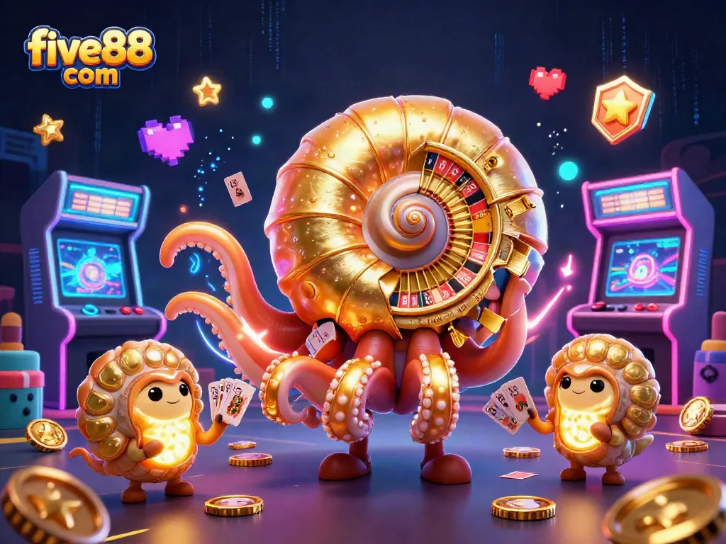Engage with exciting games on five88 com, featuring a vibrant casino scene with dynamic 3D elements.