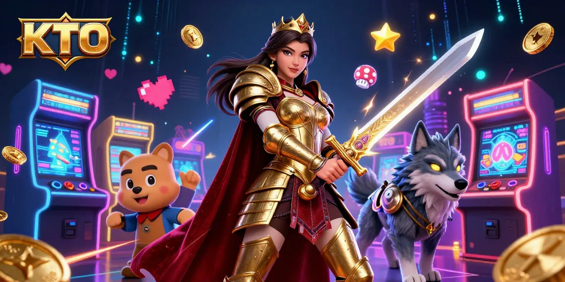 KTO showcases a warrior queen with a glowing armored wolf in a vibrant, electric casino-inspired scene.