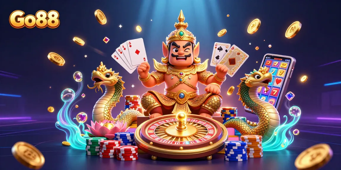 Experience exciting gambling at Go88 with golden coins, roulette, and vibrant game elements.