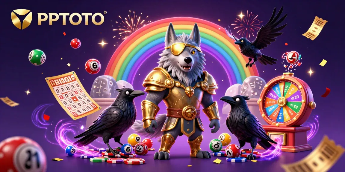 Visual permainan PPTOTO menampilkan kegembiraan elemen lotere dan karakter mitologi Nordik dalam adegan kasino yang cerah.