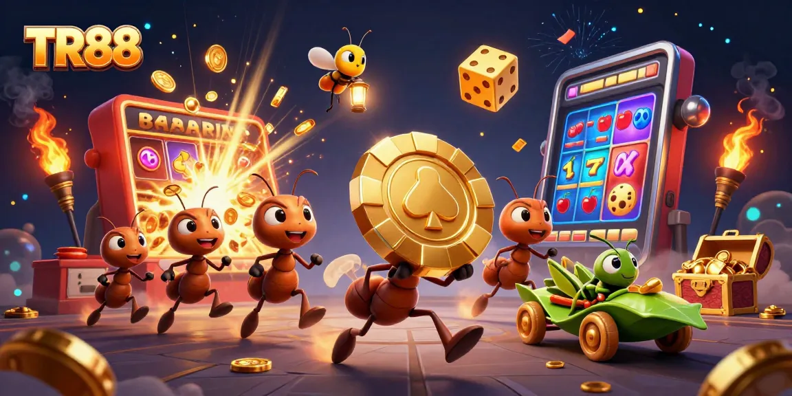 Experience the excitement of TR88 with ants heisting a giant poker chip amidst vibrant casino elements.