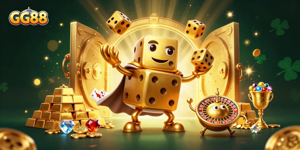 Experience thrilling gameplay with GG88's vibrant casino elements, showcasing a dynamic scene of golden dice and treasures.