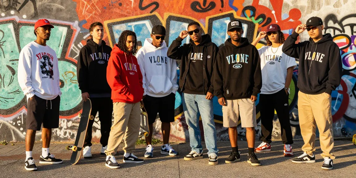 Vibrant urban scene with diverse young adults in Vlone streetwear outfits, showcasing fashion and lifestyle against a colorful graffiti background.