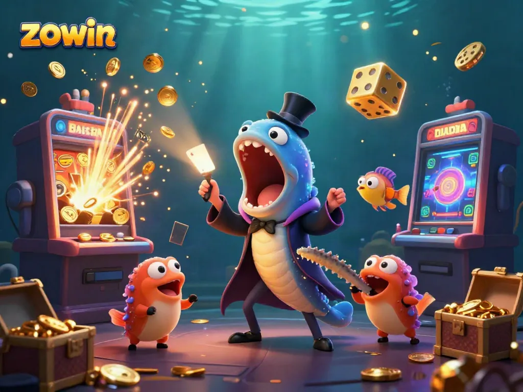 Zowin jackpot scene with a gulper eel magician, anglerfish, and sea cucumber in vibrant underwater setting.