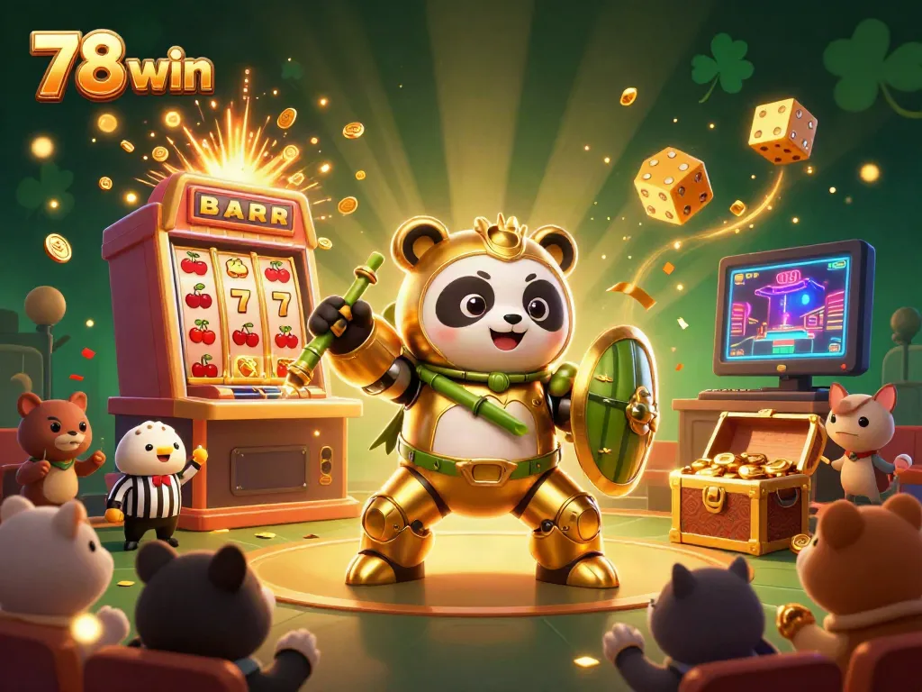 Experience thrilling gameplay at 78 win with a golden panda robot surrounded by vibrant casino elements.