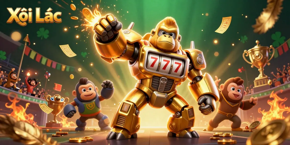 Xôi Lạc showcases thrilling sports betting action with a golden gorilla mech and dynamic elements.