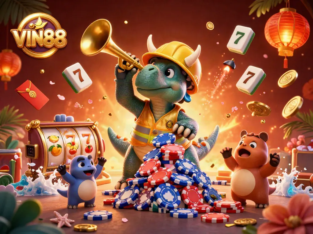 Experience thrilling wins with VIN88 featuring a triceratops celebrating big jackpots and slot games.