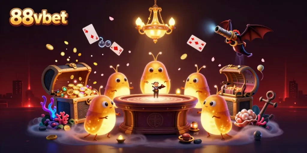 88vbet glowworms illuminate a vibrant underwater casino scene with rich details.