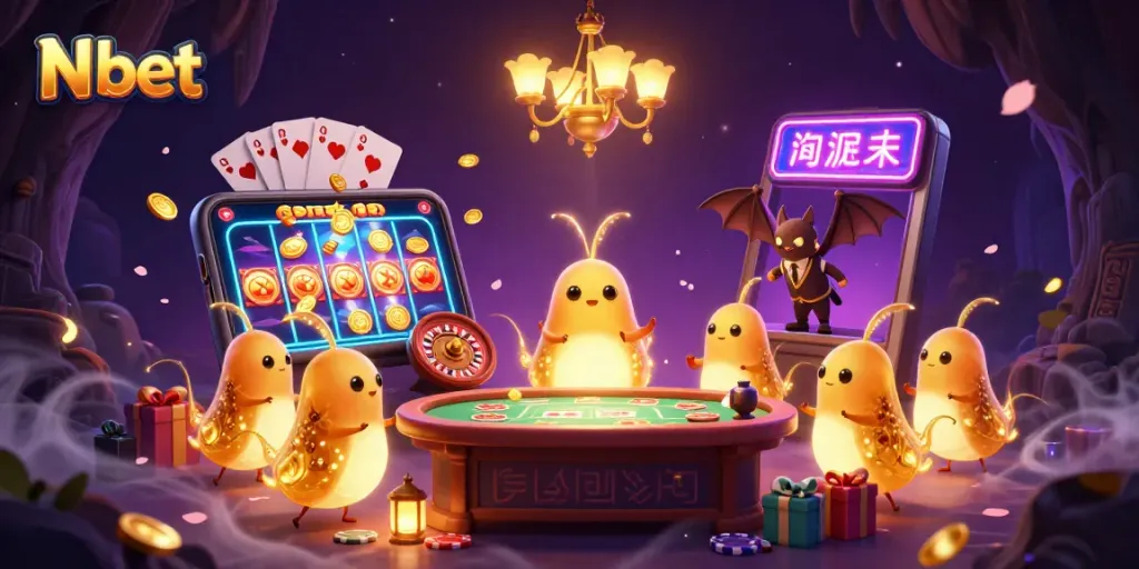 N bet's lively casino scene features glowing glowworms and a bat dealer, showcasing vibrant gaming elements.