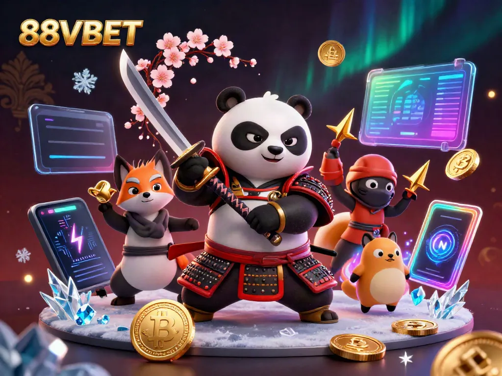 Engage with a vibrant 88VBET casino scene, featuring a samurai panda and magical characters amid rich gaming elements.