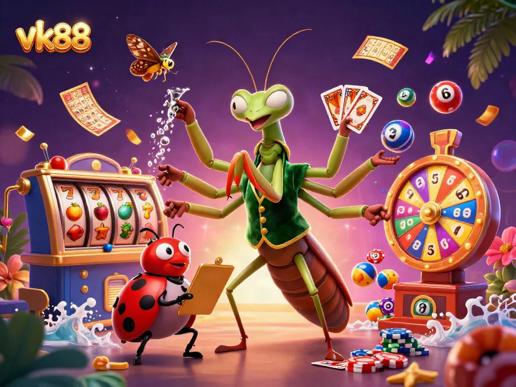 Experience the vibrant world of vk88 with dynamic casino games and thrilling action in this colorful illustration.