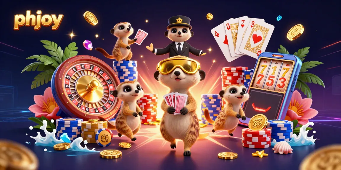 Experience excitement at phjoy's colorful casino with meerkats managing games in a vibrant 3D scene.