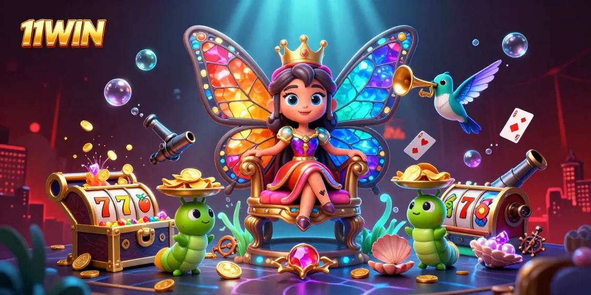 11WIN brings excitement to the casino scene with a vibrant 3D illustration featuring the butterfly queen amidst gold coins and slot reels.