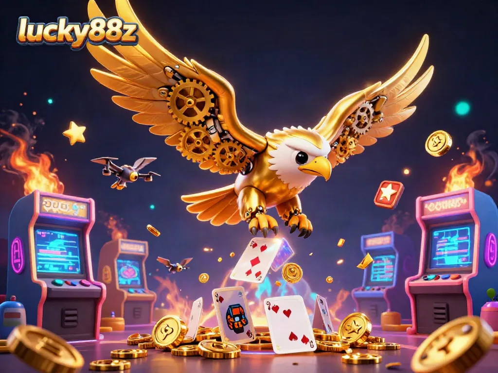 Experience high-stakes gaming action with lucky88z as the golden eagle dives through vibrant holographic cards.
