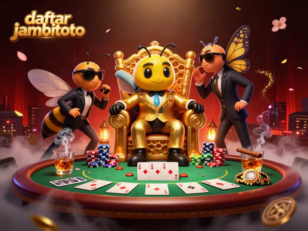 Engage with the vibrant excitement of daftar jambitoto and a whimsical casino scene filled with poker elements.
