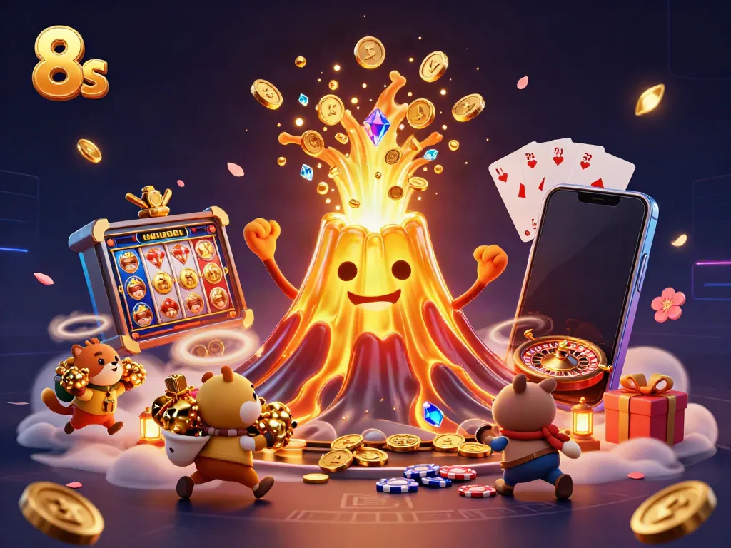 Experience thrilling gameplay with 8s as gold coins and treasures cascade from a central volcano.