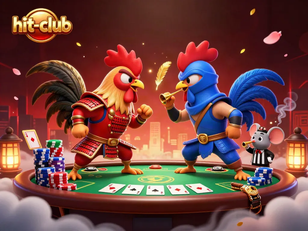 Engage in thrilling gameplay at hit-club with dynamic poker action showcased in a vibrant 3D illustration.