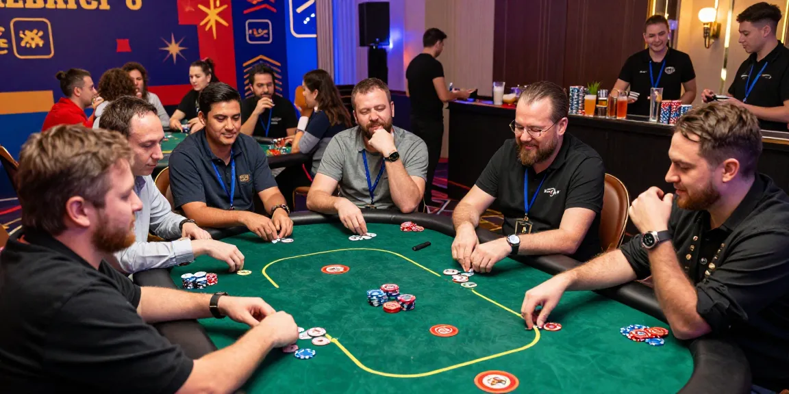 Casino event chips used at a lively poker game with players engaged around the table.