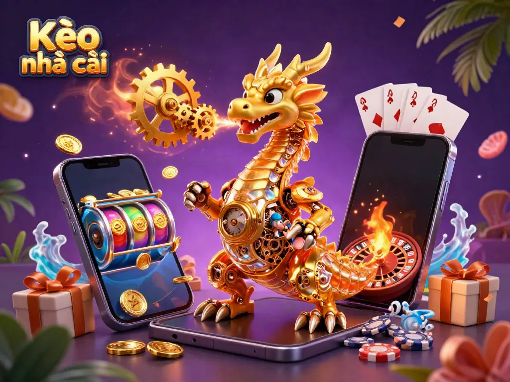 Engage with Kèo nhà cái through this vibrant 3D illustration showcasing dynamic gaming elements and a golden dragon.