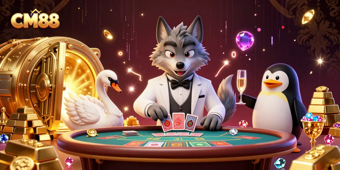 CM88 showcases a vibrant 3D casino scene with a debonair wolf, swan dealer, and penguin sommelier.