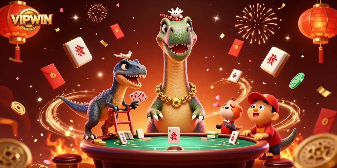 Experience thrilling gaming at VIPWIN with a vibrant 3D casino scene filled with dynamic characters and festive elements.
