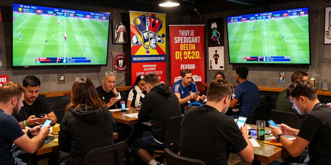 Exciting scene of Taruhan Mix Parlay Bola88 in a sports betting café showing bettors engaged with dynamic screens and mobile apps.
